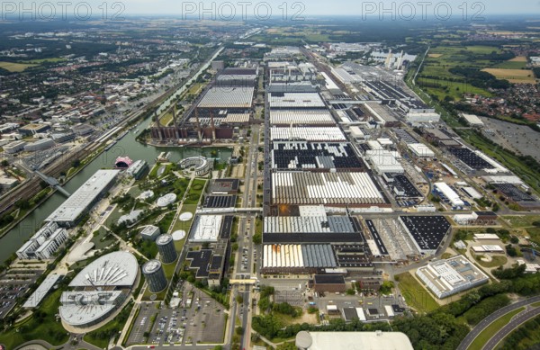 Volkswagen plant Wolfsburg with Autostadt and The Ritz Carlton Hotel, Lower Saxony, Germany, Europe, aerial photo, birds-eyes view, aerial photography, aerial photography, overview, bird's eye view, Wolfsburg, Volkswagen, test track, emissions scandal, software manipulation