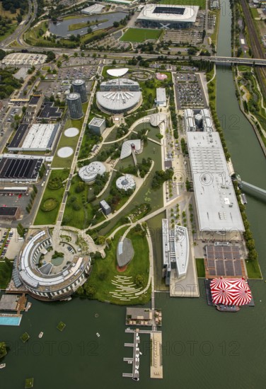 Volkswagen plant Wolfsburg with Autostadt and The Ritz Carlton Hotel, Lower Saxony, Germany, Europe, aerial photo, birds-eyes view, aerial photography, aerial photography, overview, bird's eye view, Wolfsburg, Volkswagen, test track, emissions scandal, software manipulation