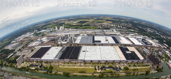 Volkswagen plant Wolfsburg with Autostadt and The Ritz Carlton Hotel, fish-eye-lens, Lower Saxony, Germany, Europe, aerial view, birds-eyes view, aerial photography, aerial photography, overview, bird's-eye view, Wolfsburg, Volkswagen, test track, emissions scandal, software manipulation
