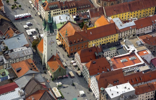 City tower at Theresienplatz, Straubing, East Bavaria, Bavaria, Germany, Europe, aerial view, birds-eyes view, aerial photography, aerial photography, overview, overview, bird's eye view