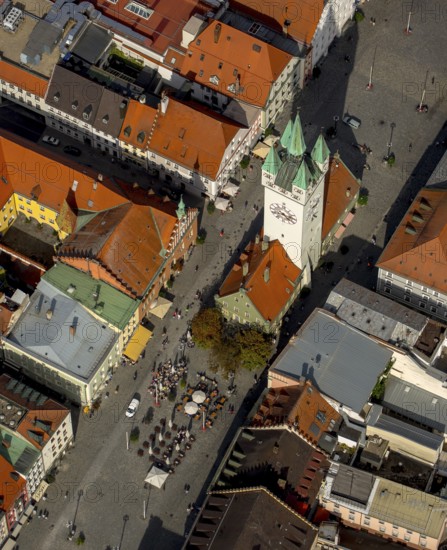 City tower at Theresienplatz, Straubing, East Bavaria, Bavaria, Germany, Europe, aerial view, birds-eyes view, aerial photography, aerial photography, overview, overview, bird's eye view