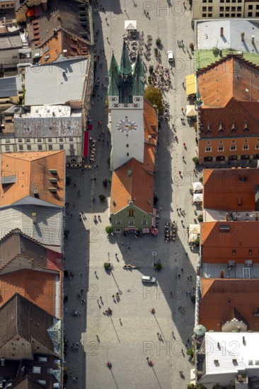 City tower at Theresienplatz, Straubing, East Bavaria, Bavaria, Germany, Europe, aerial view, birds-eyes view, aerial photography, aerial photography, overview, overview, bird's eye view