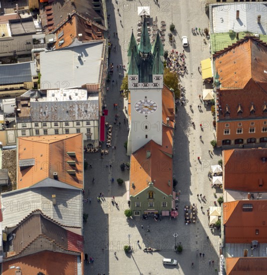 City tower at Theresienplatz, Straubing, East Bavaria, Bavaria, Germany, Europe, aerial view, birds-eyes view, aerial photography, aerial photography, overview, overview, bird's eye view