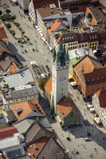 City tower at Theresienplatz, Straubing, East Bavaria, Bavaria, Germany, Europe, aerial view, birds-eyes view, aerial photography, aerial photography, overview, overview, bird's eye view