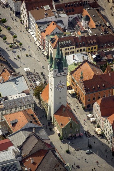 City tower at Theresienplatz, Straubing, East Bavaria, Bavaria, Germany, Europe, aerial view, birds-eyes view, aerial photography, aerial photography, overview, overview, bird's eye view
