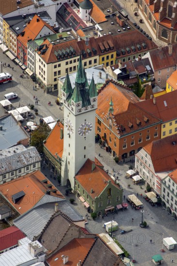 City tower at Theresienplatz, Straubing, East Bavaria, Bavaria, Germany, Europe, aerial view, birds-eyes view, aerial photography, aerial photography, overview, overview, bird's eye view