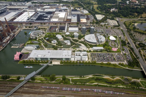 Volkswagen plant Wolfsburg with Autostadt and The Ritz Carlton Hotel, Lower Saxony, Germany, Europe, aerial photo, birds-eyes view, aerial photography, aerial photography, overview, bird's eye view, Wolfsburg, Volkswagen, test track, emissions scandal, software manipulation