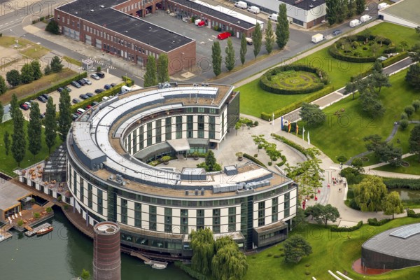 Volkswagen plant Wolfsburg with Autostadt and The Ritz Carlton Hotel, Lower Saxony, Germany, Europe, aerial photo, birds-eyes view, aerial photography, aerial photography, overview, bird's eye view, Wolfsburg, Volkswagen, test track, emissions scandal, software manipulation