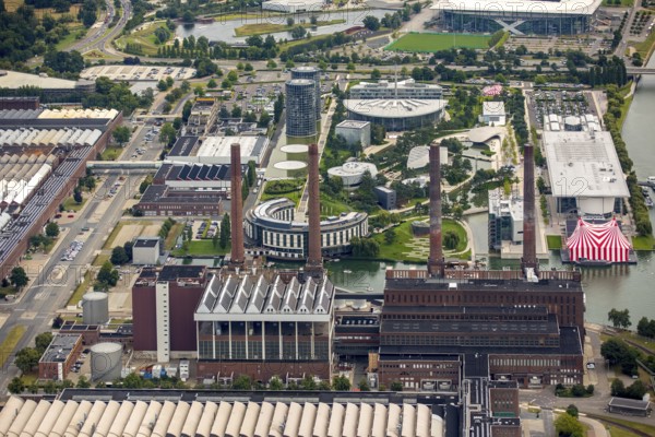 Volkswagen plant Wolfsburg with cogeneration plant VW Südstraße, Lower Saxony, Germany, Europe, aerial photo, birds-eyes view, aerial photography, aerial photography, overview, bird's eye view, Wolfsburg, Volkswagen, test track, exhaust gas scandal, software manipulation