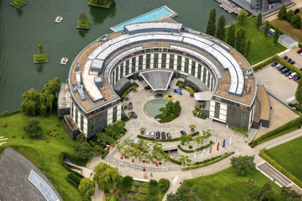 Volkswagen plant Wolfsburg with Autostadt and The Ritz Carlton Hotel, Lower Saxony, Germany, Europe, aerial photo, birds-eyes view, aerial photography, aerial photography, overview, bird's eye view, Wolfsburg, Volkswagen, test track, emissions scandal, software manipulation