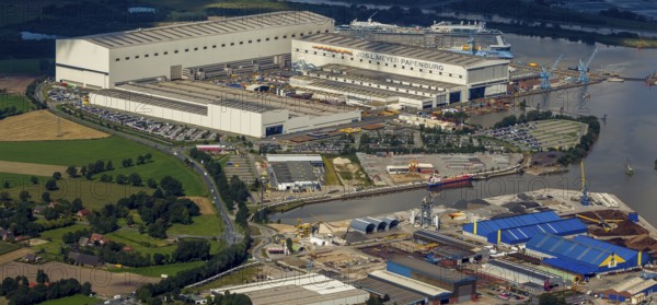 Papenburge Emshafen with Jos.L. Meyerwerft with the cruise ship Quantum of the seas, RoyalCaribbean Papenburg, Emsland, Lower Saxony, Germany, Papenburg, Europe, aerial photo, birds-eyes view, aerial photography, aerial photography, overview, overview, bird's eye view