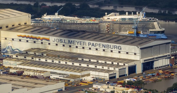 Papenburge Emshafen with Jos.L. Meyerwerft with the cruise ship Quantum of the seas, RoyalCaribbean Papenburg, Emsland, Lower Saxony, Germany, Papenburg, Europe, aerial photo, birds-eyes view, aerial photography, aerial photography, overview, overview, bird's eye view
