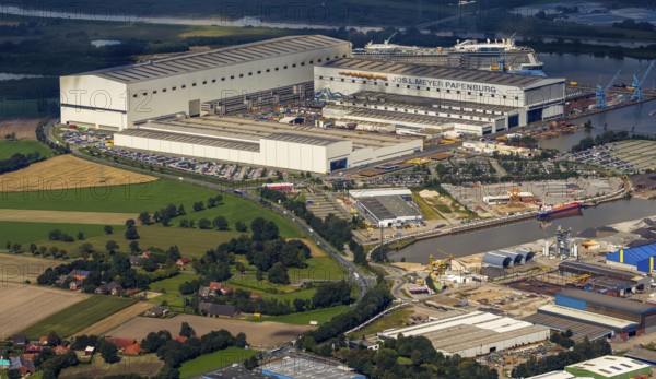 Papenburge Emshafen with Jos.L. Meyerwerft with the cruise ship Quantum of the seas, RoyalCaribbean Papenburg, Emsland, Lower Saxony, Germany, Papenburg, Europe, aerial photo, birds-eyes view, aerial photography, aerial photography, overview, overview, bird's eye view