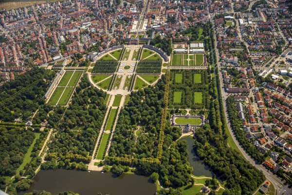 French Garden, Barck Garden with longitudinal and transverse axes, Schwetzingen Palace with Palace Garden, Schwetzingen, Baden-Württemberg, Germany, Europe, aerial view, bird's-eye view, aerial photography, aerial photography, overview, bird's-eye view