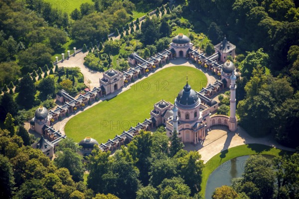 Red Mosque in the Turkish Garden, Schwetzingen Palace with Palace Garden, Schwetzingen, Baden-Württemberg, Germany, Europe, aerial view, birds-eyes view, aerial photography, aerial photography, overview, bird's eye view