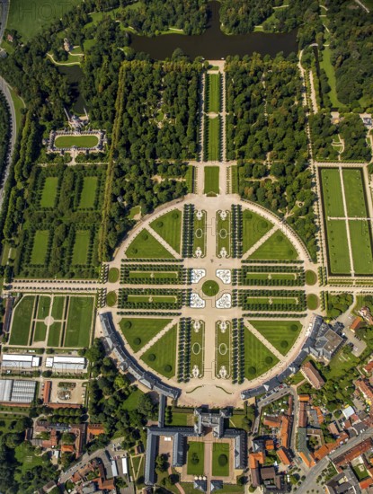 French Garden, Barck Garden with longitudinal and transverse axes, Schwetzingen Palace with Palace Garden, Schwetzingen, Baden-Württemberg, Germany, Europe, aerial view, bird's-eye view, aerial photography, aerial photography, overview, bird's-eye view