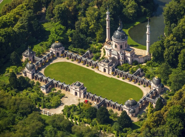 Red Mosque in the Turkish Garden, Schwetzingen Palace with Palace Garden, Schwetzingen, Baden-Württemberg, Germany, Europe, aerial view, birds-eyes view, aerial photography, aerial photography, overview, bird's eye view
