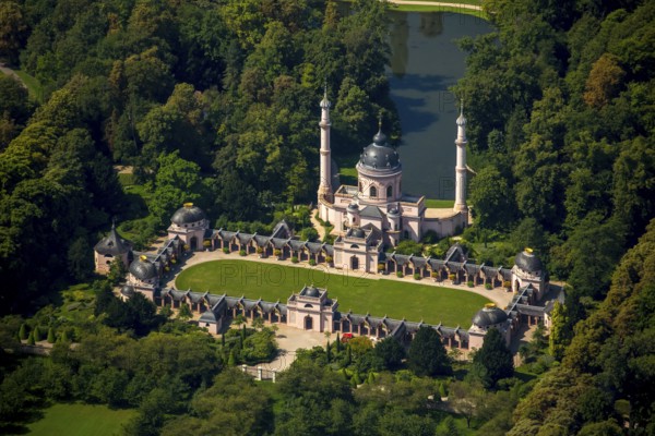 Red Mosque in the Turkish Garden, Schwetzingen Palace with Palace Garden, Schwetzingen, Baden-Württemberg, Germany, Europe, aerial view, birds-eyes view, aerial photography, aerial photography, overview, bird's eye view