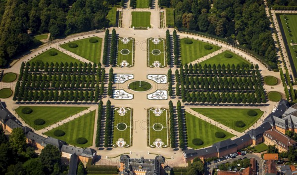 French Garden, Barck Garden with longitudinal and transverse axes, Schwetzingen Palace with Palace Garden, Schwetzingen, Baden-Württemberg, Germany, Europe, aerial view, bird's-eye view, aerial photography, aerial photography, overview, bird's-eye view