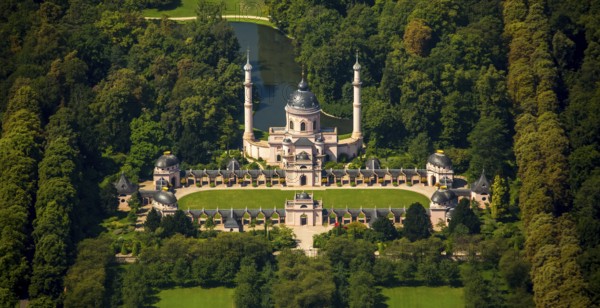 Red Mosque in the Turkish Garden, Schwetzingen Palace with Palace Garden, Schwetzingen, Baden-Württemberg, Germany, Europe, aerial view, birds-eyes view, aerial photography, aerial photography, overview, bird's eye view