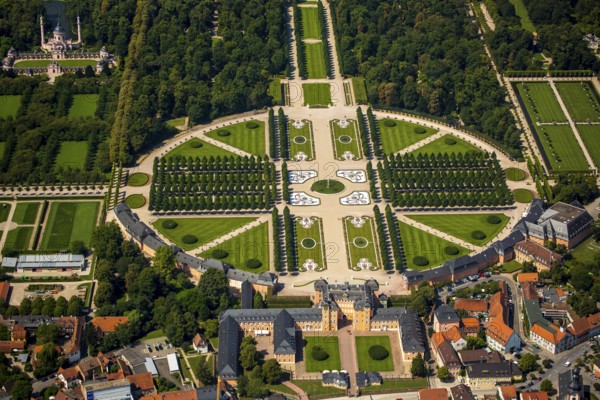 French Garden, Barck Garden with longitudinal and transverse axes, Schwetzingen Palace with Palace Garden, Schwetzingen, Baden-Württemberg, Germany, Europe, aerial view, bird's-eye view, aerial photography, aerial photography, overview, bird's-eye view