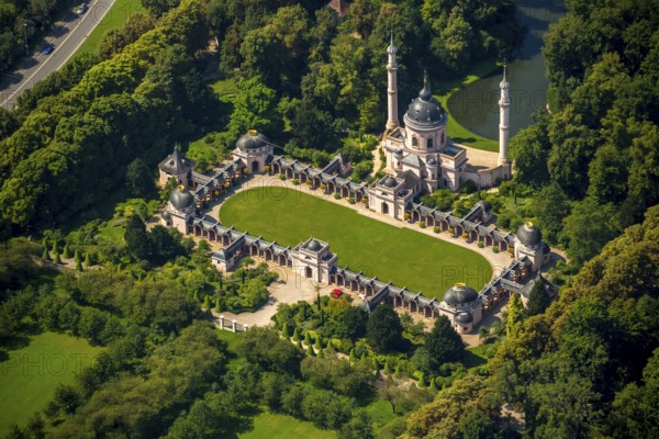 Red Mosque in the Turkish Garden, Schwetzingen Palace with Palace Garden, Schwetzingen, Baden-Württemberg, Germany, Europe, aerial view, birds-eyes view, aerial photography, aerial photography, overview, bird's eye view