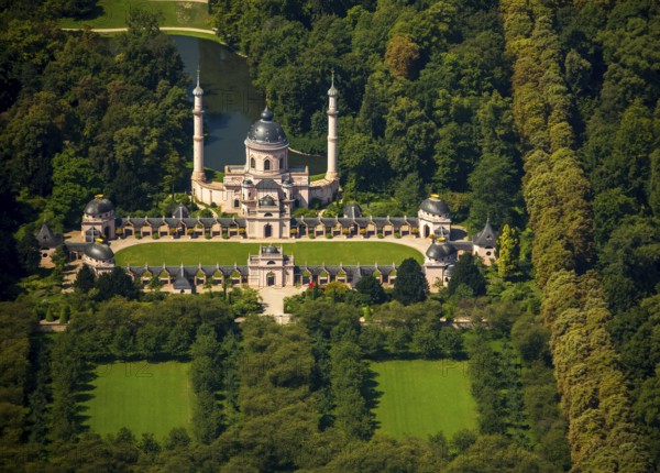 Red Mosque in the Turkish Garden, Schwetzingen Palace with Palace Garden, Schwetzingen, Baden-Württemberg, Germany, Europe, aerial view, birds-eyes view, aerial photography, aerial photography, overview, bird's eye view