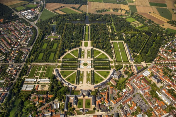 French Garden, Barck Garden with longitudinal and transverse axes, Schwetzingen Palace with Palace Garden, Schwetzingen, Baden-Württemberg, Germany, Europe, aerial view, bird's-eye view, aerial photography, aerial photography, overview, bird's-eye view