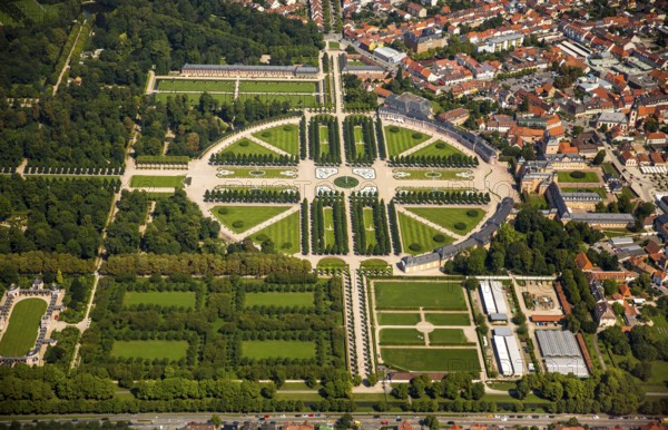 French Garden, Barck Garden with longitudinal and transverse axes, Schwetzingen Palace with Palace Garden, Schwetzingen, Baden-Württemberg, Germany, Europe, aerial view, bird's-eye view, aerial photography, aerial photography, overview, bird's-eye view