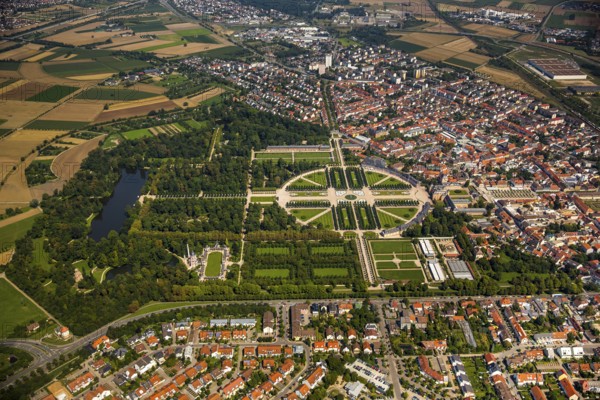 French Garden, Barck Garden with longitudinal and transverse axes, Schwetzingen Palace with Palace Garden, Schwetzingen, Baden-Württemberg, Germany, Europe, aerial view, bird's-eye view, aerial photography, aerial photography, overview, bird's-eye view
