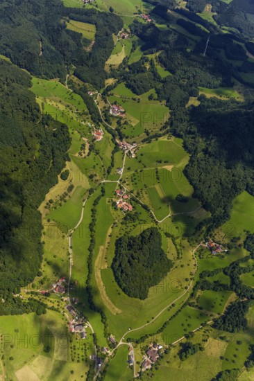 Black Forest landscape with forests and fields, Black Forest valley, Freiamt, Baden-Württemberg, Germany, Europe, aerial view, birds-eyes view, aerial photography, aerial photography, overview, overview, bird's eye view