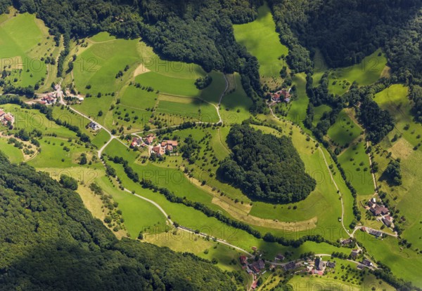Black Forest landscape with forests and fields, Black Forest valley, Freiamt, Baden-Württemberg, Germany, Europe, aerial view, birds-eyes view, aerial photography, aerial photography, overview, overview, bird's eye view
