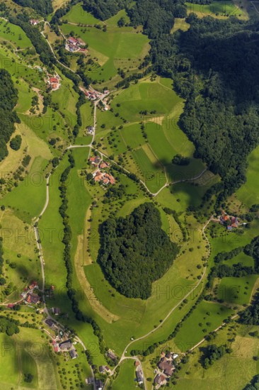 Black Forest landscape with forests and fields, Black Forest valley, Freiamt, Baden-Württemberg, Germany, Europe, aerial view, birds-eyes view, aerial photography, aerial photography, overview, overview, bird's eye view