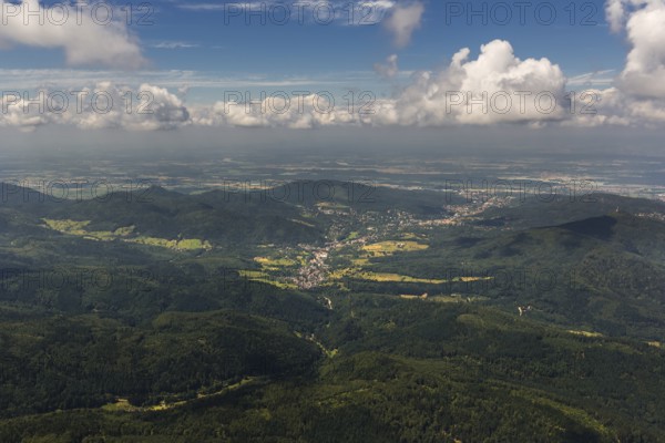Black Forest valleys with clouds, Weisenbach, Baden-Württemberg, Germany, Europe, aerial view, birds-eyes view, aerial photography, aerial photography, overview, bird's eye view