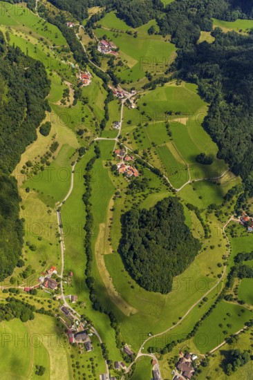 Black Forest landscape with forests and fields, Black Forest valley, Freiamt, Baden-Württemberg, Germany, Europe, aerial view, birds-eyes view, aerial photography, aerial photography, overview, overview, bird's eye view