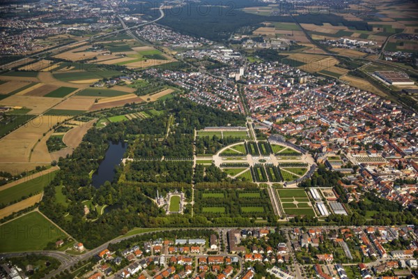 French Garden, Barck Garden with longitudinal and transverse axes, Schwetzingen Palace with Palace Garden, Schwetzingen, Baden-Württemberg, Germany, Europe, aerial view, bird's-eye view, aerial photography, aerial photography, overview, bird's-eye view