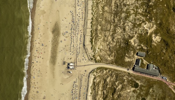 White Dune, beach restaurant, aerial view, Norderney, North Sea, North Sea island, East Frisian Islands, Lower Saxony, Germany, Europe, birds-eyes view, aerial view, aerial photography, aerial photography, overview, bird's eye view