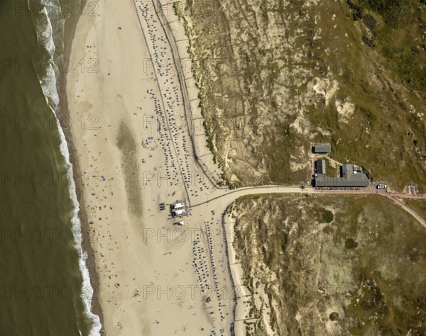 White Dune, beach restaurant, aerial view, Norderney, North Sea, North Sea island, East Frisian Islands, Lower Saxony, Germany, Europe, birds-eyes view, aerial view, aerial photography, aerial photography, overview, bird's eye view