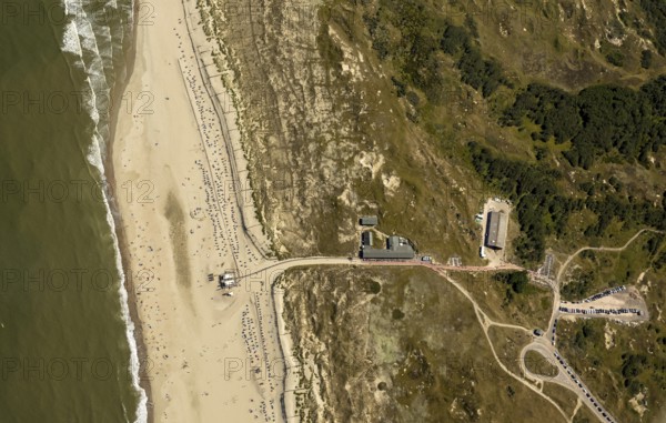 White Dune, beach restaurant, aerial view, Norderney, North Sea, North Sea island, East Frisian Islands, Lower Saxony, Germany, Europe, birds-eyes view, aerial view, aerial photography, aerial photography, overview, bird's eye view