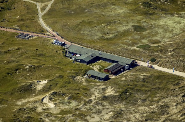 White Dune, beach restaurant, aerial view, Norderney, North Sea, North Sea island, East Frisian Islands, Lower Saxony, Germany, Europe, birds-eyes view, aerial view, aerial photography, aerial photography, overview, bird's eye view