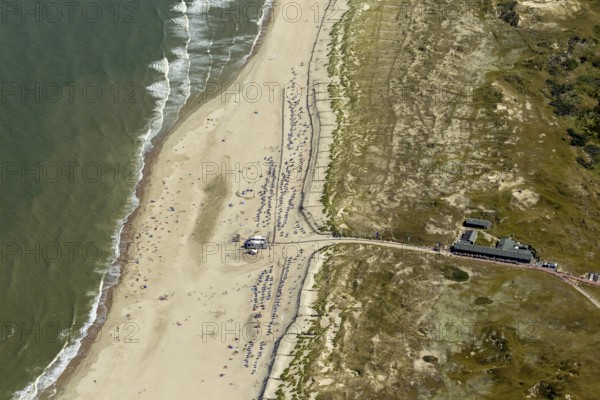 White Dune, beach restaurant, aerial view, Norderney, North Sea, North Sea island, East Frisian Islands, Lower Saxony, Germany, Europe, birds-eyes view, aerial view, aerial photography, aerial photography, overview, bird's eye view
