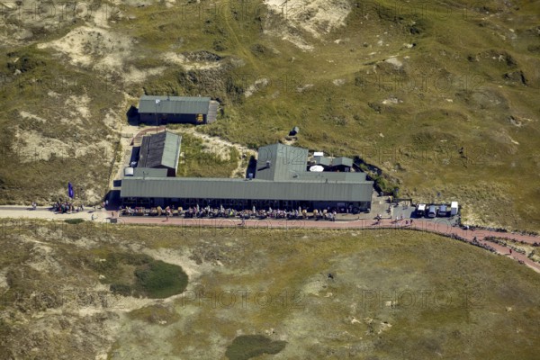 White Dune, beach restaurant, aerial view, Norderney, North Sea, North Sea island, East Frisian Islands, Lower Saxony, Germany, Europe, birds-eyes view, aerial view, aerial photography, aerial photography, overview, bird's eye view