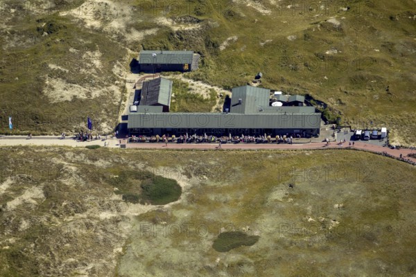 White Dune, beach restaurant, aerial view, Norderney, North Sea, North Sea island, East Frisian Islands, Lower Saxony, Germany, Europe, birds-eyes view, aerial view, aerial photography, aerial photography, overview, bird's eye view