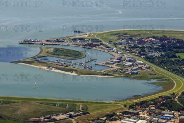 Norderney harbour, ferry pier, Wadden Sea, aerial view, Norderney, North Sea, North Sea island, East Frisian Islands, Lower Saxony, Germany, Europe, birds-eyes view, aerial photography, aerial photography, aerial photography, overview, bird's eye view