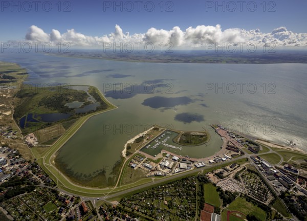 Norderney harbour, ferry pier, Wadden Sea, aerial view, Norderney, North Sea, North Sea island, East Frisian Islands, Lower Saxony, Germany, Europe, birds-eyes view, aerial photography, aerial photography, aerial photography, overview, bird's eye view