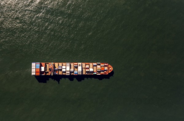 Container ship Maersk Lavras at anchor, aerial view, cargo ships at anchor off Spiekeroog, shipping line, shipping route, at sea, coastal waters, Spiekeroog, North Sea, North Sea island, East Frisian Islands, Lower Saxony, Germany, Europe, birds-eyes view, aerial view, aerial photography, aerial photography, overview, bird's eye view