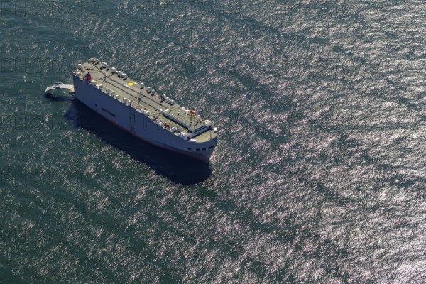 Cargo ship, anchoring car transporter Ocean Highway Panama, aerial view, cargo ships anchored off Spiekeroog, shipping lane, shipping route, at sea, coastal waters, Spiekeroog, North Sea, North Sea island, East Frisian Islands, Lower Saxony, Germany, Europe, birds-eyes view, aerial view, aerial photography, aerial photography, overview, bird's eye view