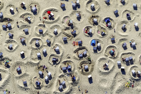 Sandy beach beach with beach chairs and sand walls, sand castles, aerial view, Wangerooge, North Sea, North Sea island, East Frisian Islands, Lower Saxony, Germany, Europe, birds-eyes view, aerial view, aerial photography, aerial photography, overview, bird's eye view