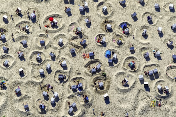 Sandy beach beach with beach chairs and sand walls, sand castles, aerial view, Wangerooge, North Sea, North Sea island, East Frisian Islands, Lower Saxony, Germany, Europe, birds-eyes view, aerial view, aerial photography, aerial photography, overview, bird's eye view