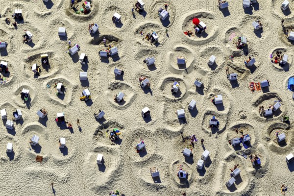 Sandy beach beach with beach chairs and sand walls, sand castles, aerial view, Wangerooge, North Sea, North Sea island, East Frisian Islands, Lower Saxony, Germany, Europe, birds-eyes view, aerial view, aerial photography, aerial photography, overview, bird's eye view